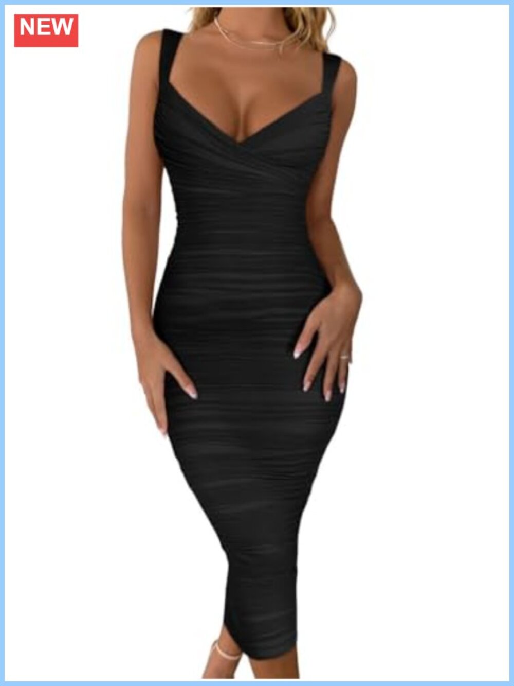 Sexy Bodycon Sleeveless Ruched Mesh Party Midi Dress